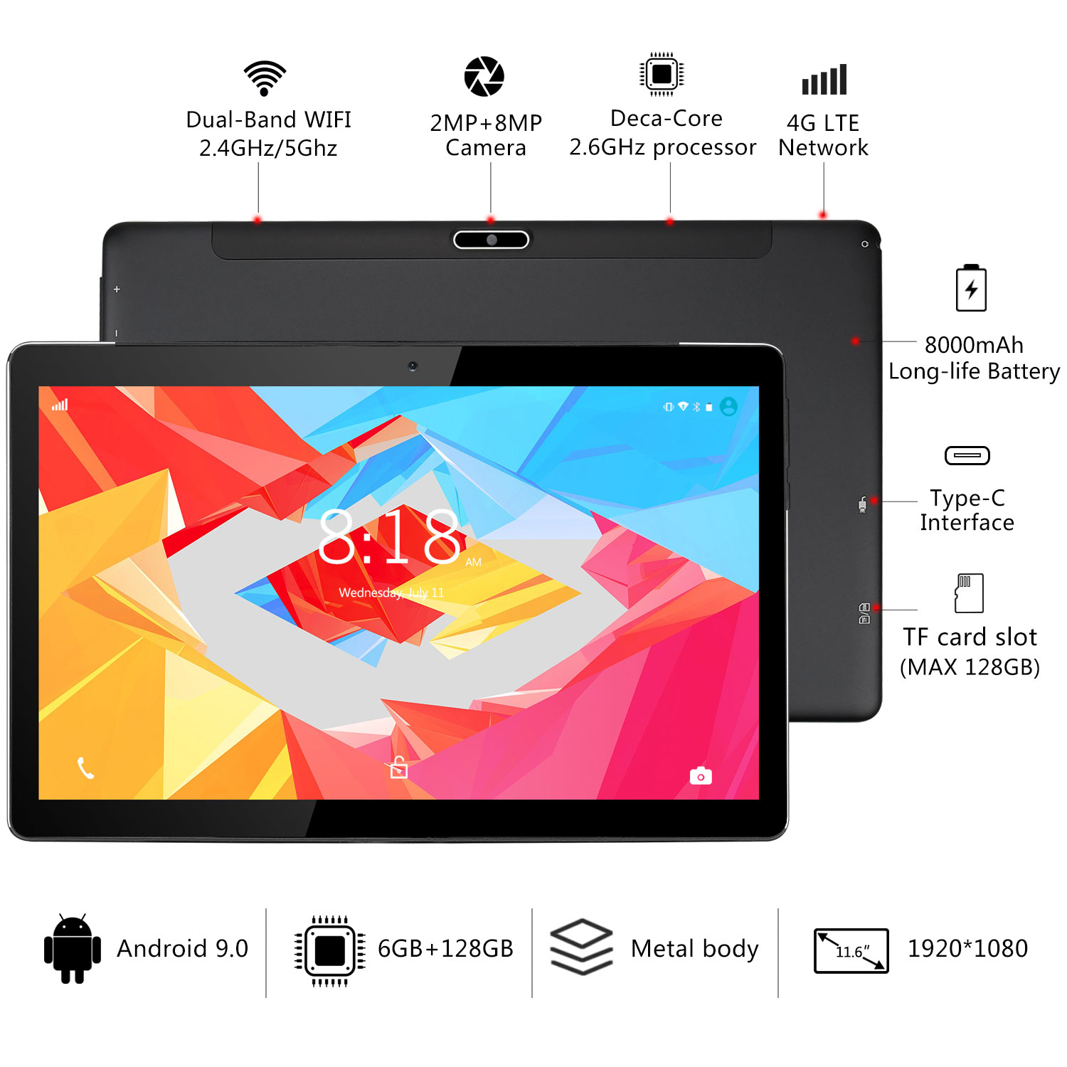 X116 Tablet PC 2 in 1 11.6 Inch, 6GB of RAM and 128GB Memory Tablet 10 Cores Processor Android 9.0 Tablet 8000mAh Battery and 1920 * 1080 FHD IPS, Dual 4G and Dual Band WiFi, HDMI (Black)
